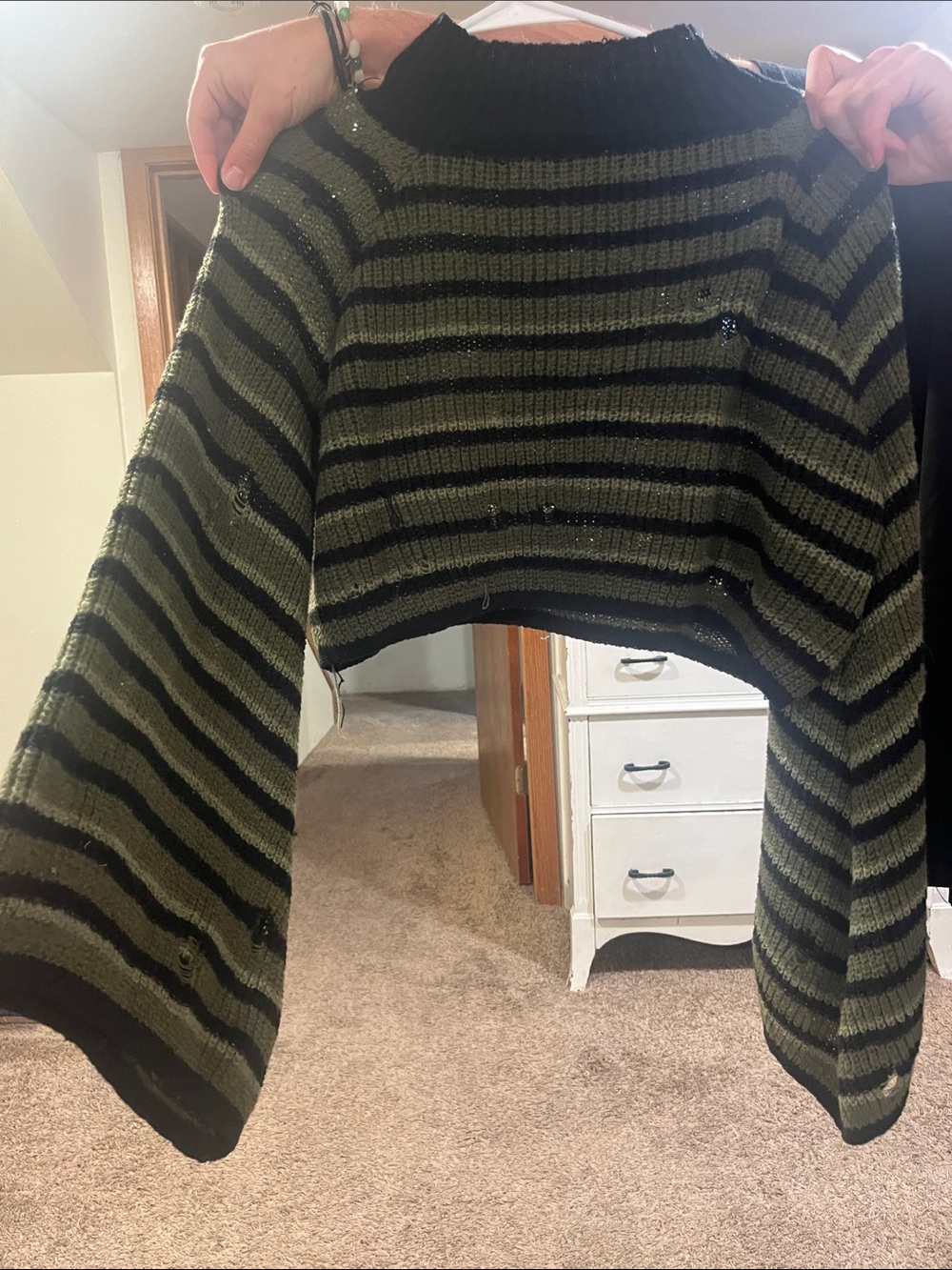 SHEIN Grunge Olive and Black Striped Cropped Turtleneck Sweater with holes